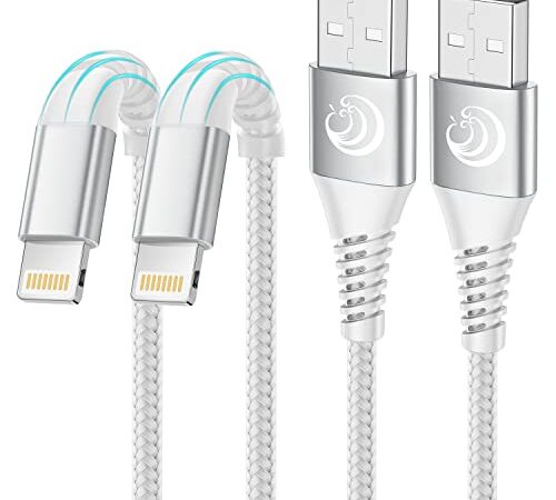 Câble iPhone [1m+2m/Lot de 2] Cable Chargeur iPhone Certifié MFi Câble Lightning avec Connecteur Résistant Fil Charge Rapide Compatible avec iPhone 13/12/11/Pro Max/XS/XR/X/8/7/7Plus/6s/6/5/SE2020