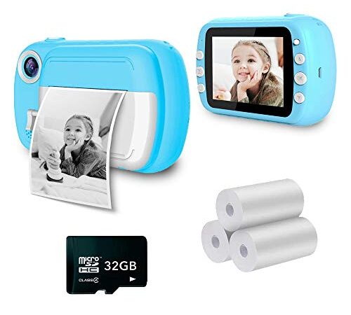i-Paint P9 Appareil Photo instantané pour Enfants, Impression en Noir et Blanc, sur Papier Thermique, 1080p, caméra numérique FHD, LCD 3,5", Micro SD de 32 Go, Bleu