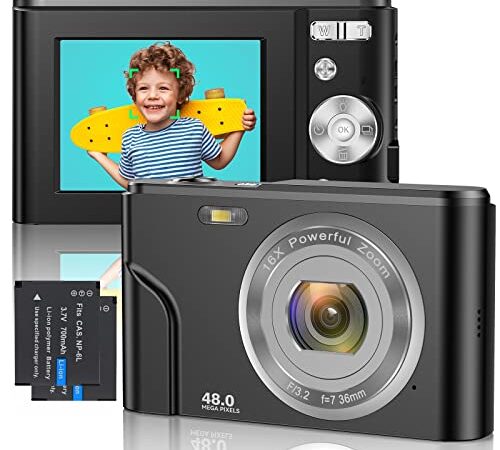 Appareil Photo Numérique 1080p FHD Mini Autofocus Video Caméra Numérique 48MP Rechargeable Petite Vlogging Caméra 16x Zoom Compact Caméra pour Enfants,Étudiants, Adultes,Débutants (Noir)
