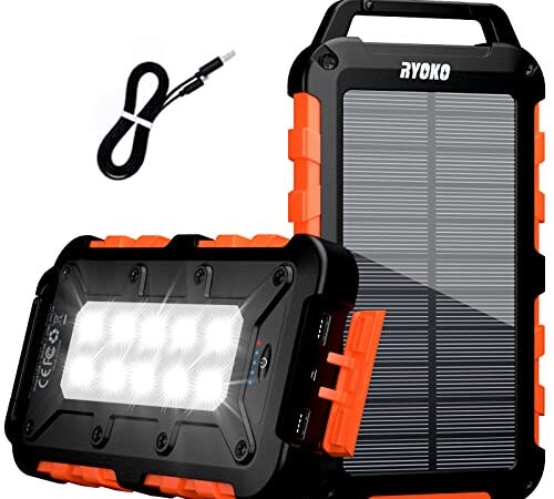 Chargeur Solaire 20 000 mAh - Charge Rapide - avec 2 Sorties 2,1 A - Grande capacité - avec Lampe de Poche LED - Étanche - pour Smartphones, tablettes (Orange)