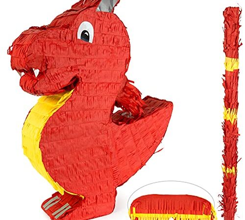 ILP Pinata Dragon - Amusant pour Les Jeux De Fête d'anniversaire pour Enfants - Piñata - avec Baton Pinata et Masque - 40 x 10 x 50 cm