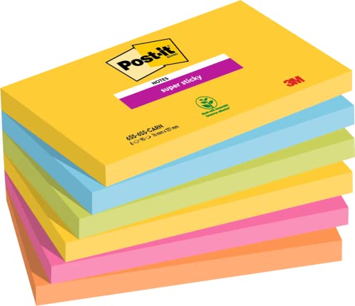 Post-it Notes Super Sticky, Couleurs Carnival, 76 mm x 127 mm, 90 feuilles/bloc, 6 blocs/paquet