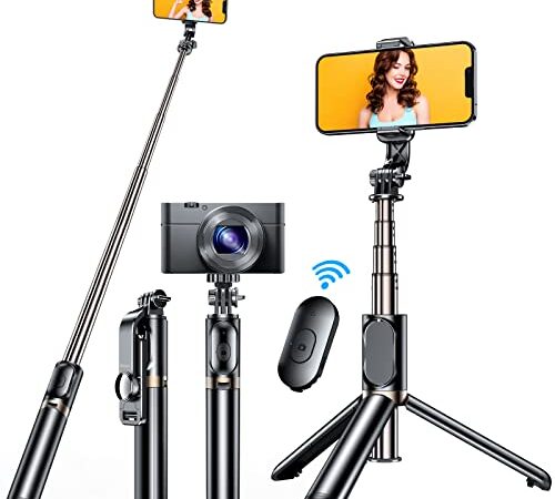 Perche Selfie Bluetooth, Blukar 4 en 1 Selfie Stick Trépied Bâton Selfie Bluetooth Extensible Monopode en Aluminium avec Télécommande Amovible & Support Stable & 360° Rotation pour Téléphone, Caméra