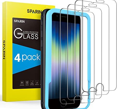 SPARIN 4 Pièces Verre Trempé Compatible avec iPhone SE 2022 / SE 2020 / iPhone 8 / iPhone 7 / iPhone 6s et iPhone 6, Film Protection Écran, Vitre Protecteur avec Outil D'alignement Facile