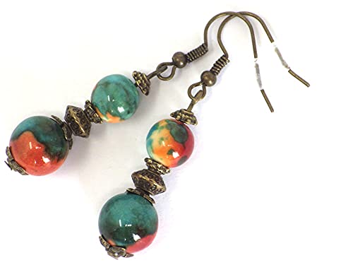 Boucles d'oreilles pendantes style vintage en perles de jade blanc naturel teinté bleu, marron et orange