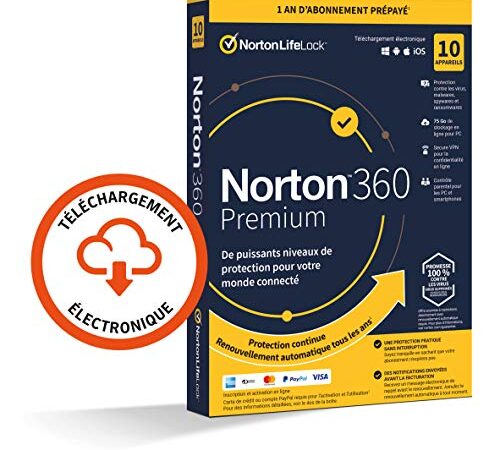 Norton™ 360 Premium 2023 |10 Appareils | 1 An d'Abonnement | Secure VPN - Password Manager - Dark web monitoring| PC/Mac/iOS/Android - Téléchargement