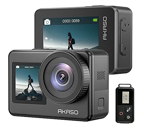 AKASO Caméra Sport 4K 30fps - IPX 8 Etanche Deux Écrans Tactile 20MP Caméra d‘Action, EIS 2.0 Grand Angle Zoom avec Télécommande et 2 Batteries 1350mAh - Brave 7