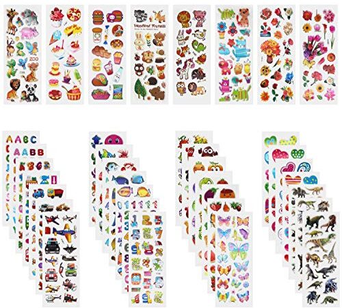 Annhao Autocollants pour Enfants, 1000+ Autocollants 3D pour Fille Garcon, 40 Feuilles Autocollants de Variétés pour Récompenser Scrapbooking, y Compris Animaux, Avions, Dinosaures, Numéros,Fruits etc
