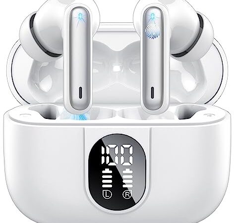 Csasan Ecouteurs Bluetooth sans Fil, 2023 Écouteurs Bluetooth 5.3 HiFi Stéréo avec 4 ENC Réduction de Bruit Mic, 40Heure Contrôle Tactile Oreillette Bluetooth avec Écran LED, Casque Bluetooth Blanc