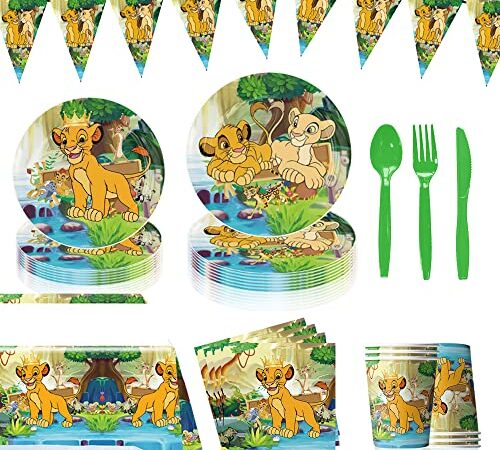 Syijupo Vaisselle de Le Roi Lion 71Pcs Kit de Vaisselle de Fête D'anniversaire Fournitures de Fête de Le Roi Lion, pour 10 Personnes, Serviettes, Tasses, pour Fête D'anniversaire