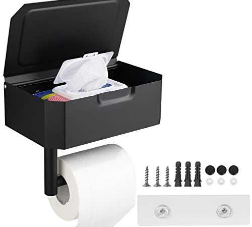 Eendoos Porte Papier Toilette avec Boîte à Lingettes Humides, Support Mural Rouleau de Papier Toilette en Acier Inoxydable pour Cuisine et Salle de Bain Adhésif ou Perçage