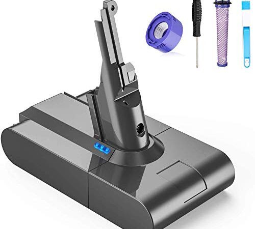 FLYLINKTECH V8 6000mAh Remplacement Batterie Dyson V8 SV10 Li-ion Batterie pour Dyson V8 Absolute Fluffy Animal SV10 Aspirateur à main sans fil avec pack de 2 filtres + brosse de nettoyage + tournevis